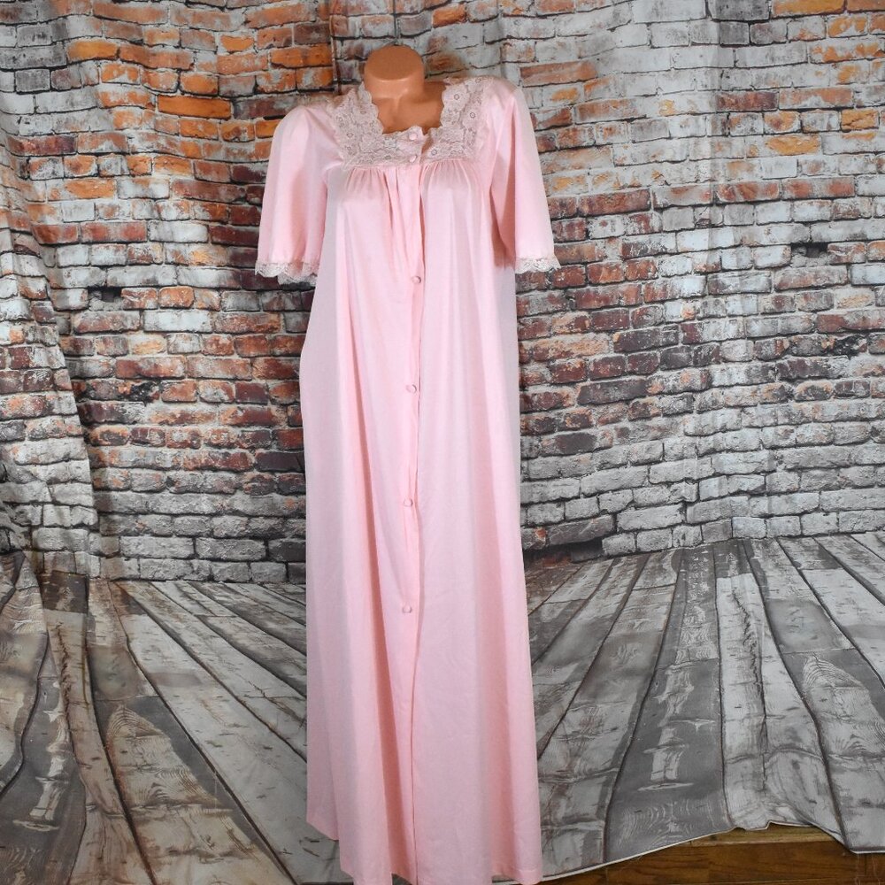 Lorraine Medium Long Nightgown Robe Silky Lingerie Square Neck Lace Pink  Satin